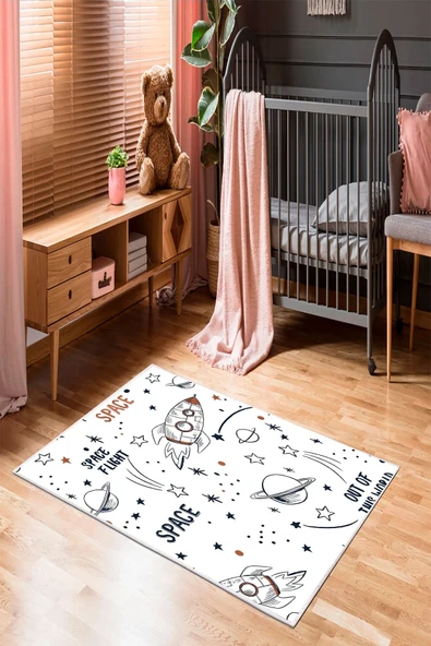 Makinede Yıkanabilir Leke Tutmaz  Beyaz Pvc Deri Kaymaz Taban Uzay Tema Çocuk Saçaksız Halı O-1189  ÇOKLU 120 x 180