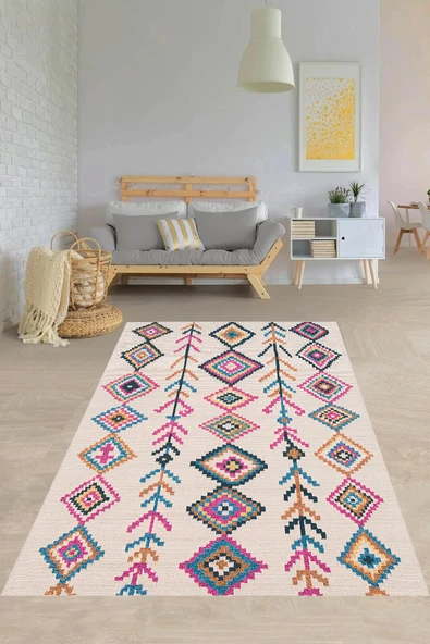 Makinede Yıkanabilir Leke Tutmaz  Pudra Pvc Deri Kaymaz Taban Etnik Salon Saçaksız Halı O-1208  ÇOKLU 100 x 400