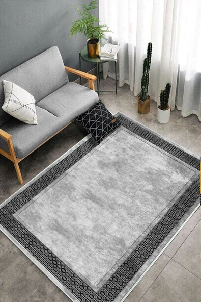 Makinede Yıkanabilir Leke Tutmaz  Gri Pvc Deri Kaymaz Taban Salon-Yolluk Saçaksız Halı B1180  GRİ 80 x 200 - 4