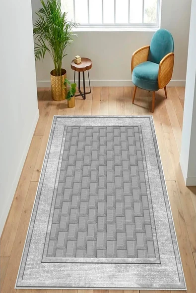 Makinede Yıkanabilir Leke Tutmaz  GRİ Dijital Baskılı Pvc Taban Kaymaz Halı MN152-1  GRİ 80 x 300