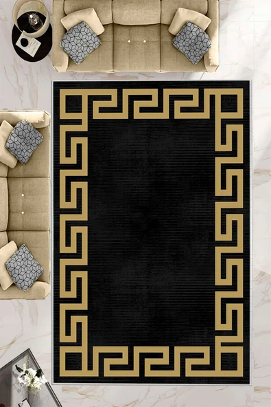 Makinede Yıkanabilir Leke Tutmaz  Siyah-Gold Pvc Deri Kaymaz Taban Versace Salon Saçaksız Halı B1240-1  GÜMÜŞ-SİYAH 200 x 300