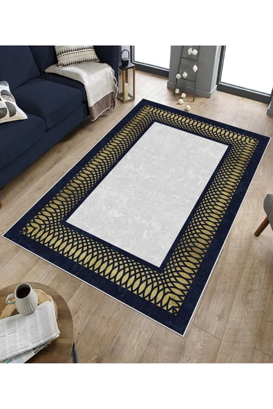 Makinede Yıkanabilir Leke Tutmaz  Gold-Lacivert Pvc Deri Kaymaz Taban Çerçeve Salon Saçaksız Halı B1227  GÜMÜŞ-LACİVERT 200 x 300 - 5