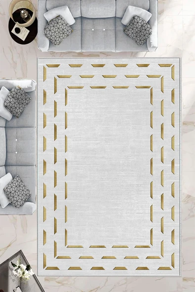 Makinede Yıkanabilir Leke Tutmaz  Kırık Beyaz Dot Keçe Kaymaz Taban Modern Salon Saçaksız Halı B1256  KIRIK BEYAZ 120 x 180