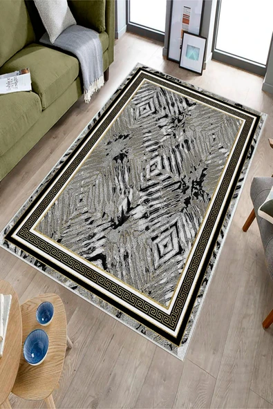Makinede Yıkanabilir Leke Tutmaz  Siyah Pvc Deri Kaymaz Taban Versace Salon Saçaksız Halı B1210  SİYAH 80 x 300 - 3