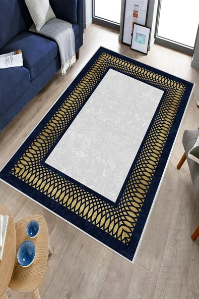 Makinede Yıkanabilir Leke Tutmaz  Gold-Lacivert Pvc Deri Kaymaz Taban Çerçeve Salon Saçaksız Halı B1227  GÜMÜŞ-LACİVERT 160 x 230 - 3