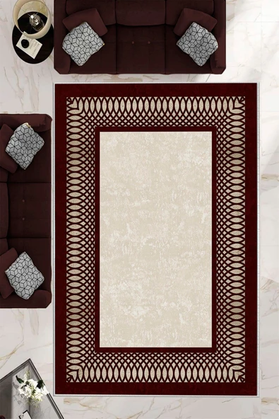 Makinede Yıkanabilir Leke Tutmaz  Bordo-Krem Pvc Deri Kaymaz Taban Çerçeve Salon Saçaksız Halı B1231  SİYAH-GOLD 180 x 280