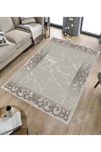 Makinede Yıkanabilir Leke Tutmaz  Vizon Pvc Deri Kaymaz Taban DekorÇerçeve Salon Saçaksız Halı B1275  BEJ-VİZON 120 x 180 - 5