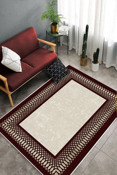 Makinede Yıkanabilir Leke Tutmaz  Bordo-Krem Pvc Deri Kaymaz Taban Çerçeve Salon Saçaksız Halı B1231  SİYAH-GOLD 200 x 300 - 4