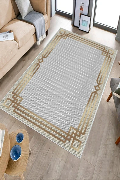 Makinede Yıkanabilir Leke Tutmaz  Gold Pvc Deri Kaymaz Taban Çerçeve Salon Saçaksız Halı B1265  160 x 230 GOLD - 3