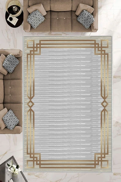 Makinede Yıkanabilir Leke Tutmaz  Gold Pvc Deri Kaymaz Taban Çerçeve Salon Saçaksız Halı B1265  GOLD 120 x 180