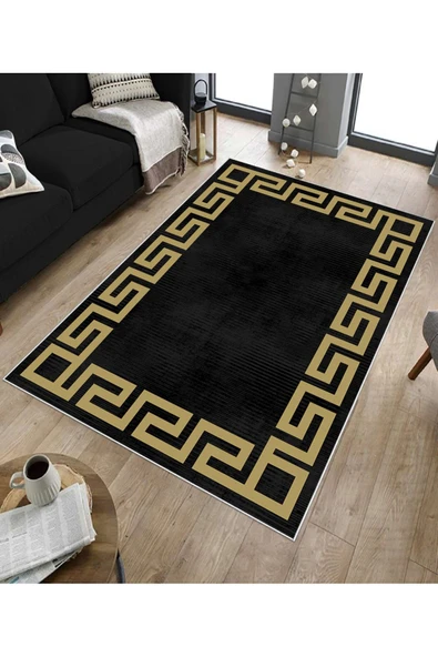 Makinede Yıkanabilir Leke Tutmaz  Siyah-Gold Pvc Deri Kaymaz Taban Versace Salon Saçaksız Halı B1240-1  GÜMÜŞ-SİYAH 180 x 280 - 5