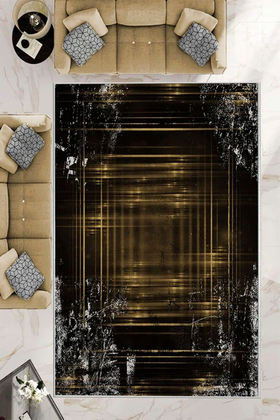 Makinede Yıkanabilir Leke Tutmaz  Gold Pvc Deri Kaymaz Taban Işıltılı Salon Saçaksız Halı B1206  GOLD 100 x 200