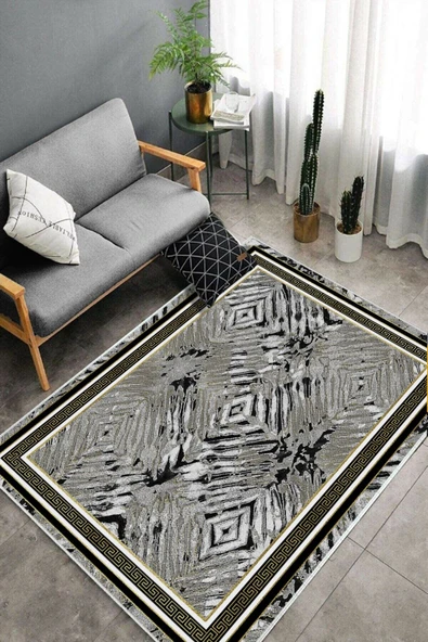 Makinede Yıkanabilir Leke Tutmaz  Siyah Pvc Deri Kaymaz Taban Versace Salon Saçaksız Halı B1210  SİYAH 80 x 300 - 4