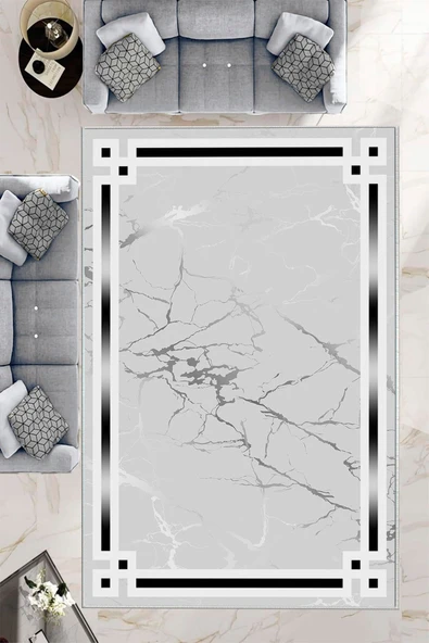 Makinede Yıkanabilir Leke Tutmaz  Gri Pvc Deri Kaymaz Taban Çerçeve Salon Saçaksız Halı B1213  GRİ 120 x 180