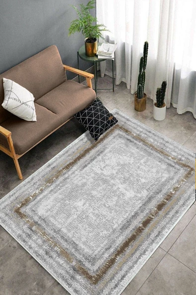 Makinede Yıkanabilir Leke Tutmaz  Gri-Kahve Pvc Deri Kaymaz Taban Eternity Salon Saçaksız Halı B1215  GRİ-TURUNCU 180 x 280 - 4