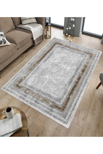 Makinede Yıkanabilir Leke Tutmaz  Gri-Kahve Pvc Deri Kaymaz Taban Eternity Salon Saçaksız Halı B1215  GRİ-TURUNCU 180 x 280 - 5