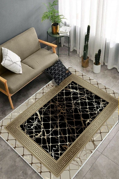 Makinede Yıkanabilir Leke Tutmaz  Vizon-Siyah Pvc Deri Kaymaz Taban Versace Salon Saçaksız Halı B1277  VİZON-SİYAH 120 x 180 - 4