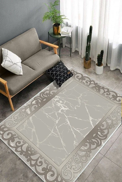 Makinede Yıkanabilir Leke Tutmaz  Vizon Pvc Deri Kaymaz Taban DekorÇerçeve Salon Saçaksız Halı B1275  BEJ-VİZON 120 x 180 - 4
