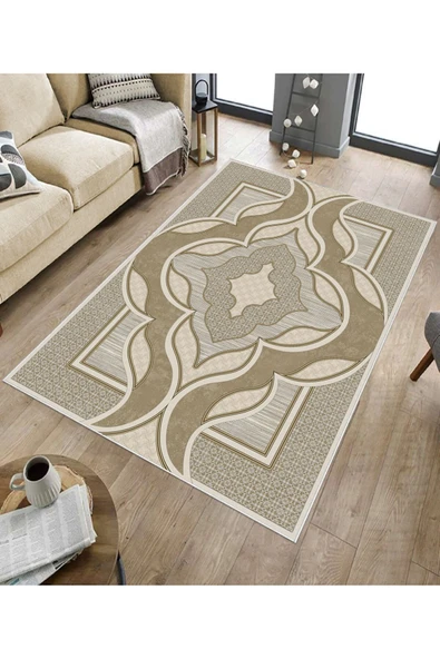 Makinede Yıkanabilir Leke Tutmaz  Kahverengi Pvc Deri Kaymaz Taban Göbekli Salon Saçaksız Halı B1269  KAHVERENGİ 80 x 150 - 5