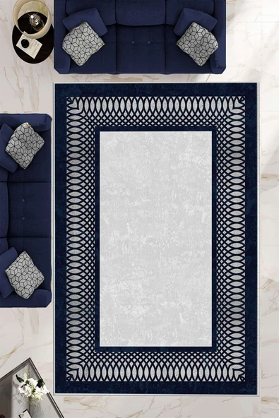 Makinede Yıkanabilir Leke Tutmaz  Gri-Lacivert Pvc Deri Kaymaz Taban Çerçeve Salon Saçaksız Halı B1226  GRİ-GOLD 200 x 300