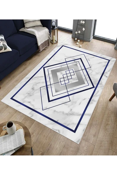 Makinede Yıkanabilir Leke Tutmaz  Lacivert Pvc Deri Kaymaz Taban Modern Salon Saçaksız Halı B1263  LACİVERT 180 x 280 - 5