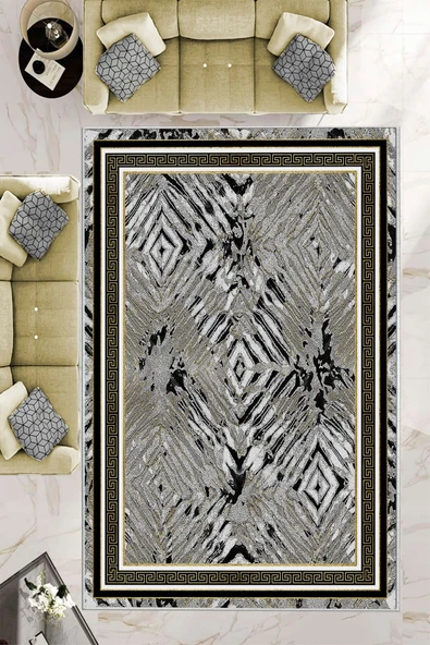 Makinede Yıkanabilir Leke Tutmaz  Siyah Pvc Deri Kaymaz Taban Versace Salon Saçaksız Halı B1210  SİYAH 80 x 300