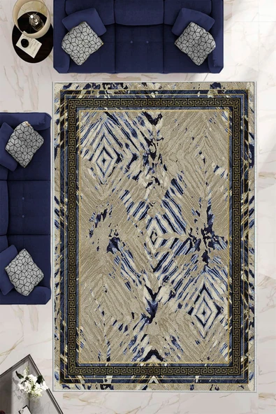 Makinede Yıkanabilir Leke Tutmaz  Lacivert Pvc Deri Kaymaz Taban Modern Salon Saçaksız Halı B1208  LACİVERT 80 x 150