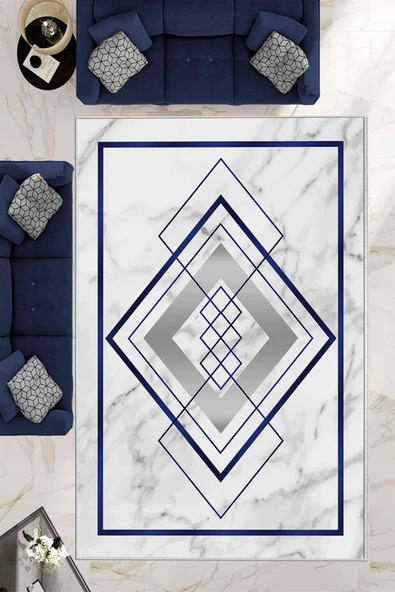 Makinede Yıkanabilir Leke Tutmaz  Lacivert Pvc Deri Kaymaz Taban Modern Salon Saçaksız Halı B1263  LACİVERT 180 x 280 - 1
