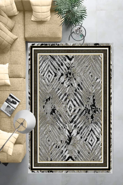 Makinede Yıkanabilir Leke Tutmaz  Siyah Pvc Deri Kaymaz Taban Versace Salon Saçaksız Halı B1210  SİYAH 80 x 300 - 6