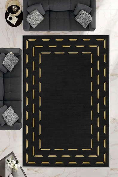 Makinede Yıkanabilir Leke Tutmaz  Siyah Dot Keçe Kaymaz Taban Modern Salon Saçaksız Halı B1258  SİYAH 100 x 300