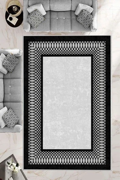 Makinede Yıkanabilir Leke Tutmaz  Gümüş-Siyah Pvc Deri Kaymaz Taban Çerçeve Salon Saçaksız Halı B1229  YEŞİL-GOLD 80 x 150
