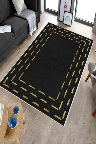 Makinede Yıkanabilir Leke Tutmaz  Siyah Dot Keçe Kaymaz Taban Modern Salon Saçaksız Halı B1258  SİYAH 100 x 300 - 6