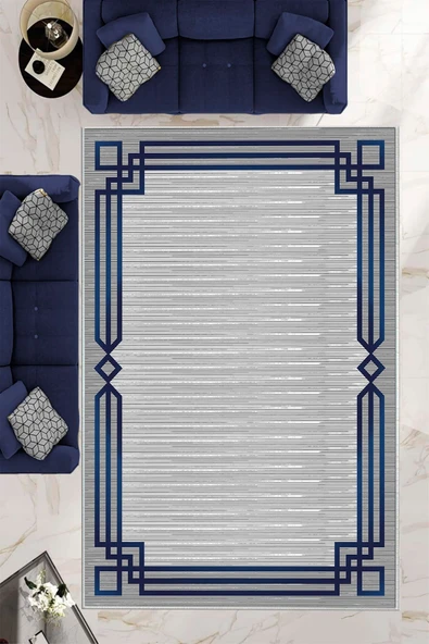 Makinede Yıkanabilir Leke Tutmaz  Lacivert Pvc Deri Kaymaz Taban Çerçeveli Salon Saçaksız Halı B1266  LACİVERT 80 x 200