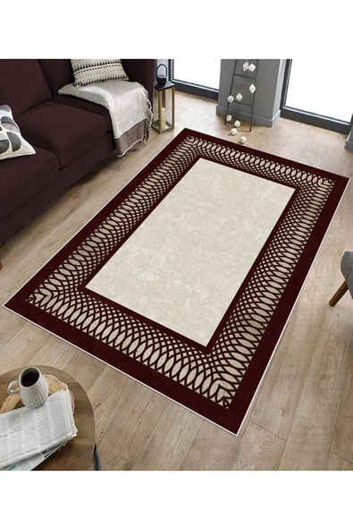 Makinede Yıkanabilir Leke Tutmaz  Bordo-Krem Pvc Deri Kaymaz Taban Çerçeve Salon Saçaksız Halı B1231  SİYAH-GOLD 200 x 300 - 5