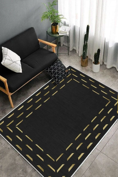 Makinede Yıkanabilir Leke Tutmaz  Siyah Dot Keçe Kaymaz Taban Modern Salon Saçaksız Halı B1258  SİYAH 100 x 200 - 4