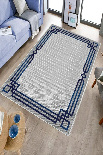 Makinede Yıkanabilir Leke Tutmaz  Lacivert Pvc Deri Kaymaz Taban Çerçeveli Salon Saçaksız Halı B1266  LACİVERT 80 x 200 - 6