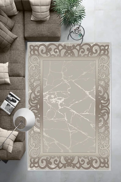 Makinede Yıkanabilir Leke Tutmaz  Vizon Pvc Deri Kaymaz Taban DekorÇerçeve Salon Saçaksız Halı B1275  BEJ-VİZON 120 x 180 - 3