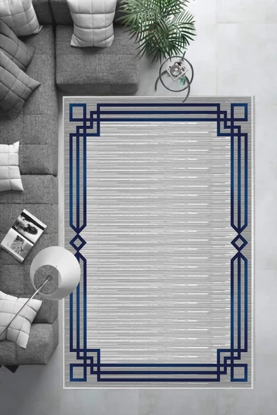 Makinede Yıkanabilir Leke Tutmaz  Lacivert Pvc Deri Kaymaz Taban Çerçeveli Salon Saçaksız Halı B1266  LACİVERT 80 x 200 - 3