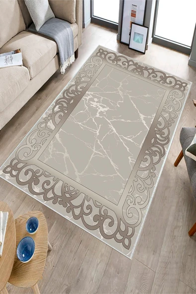 Makinede Yıkanabilir Leke Tutmaz  Vizon Pvc Deri Kaymaz Taban DekorÇerçeve Salon Saçaksız Halı B1275  BEJ-VİZON 120 x 180 - 6
