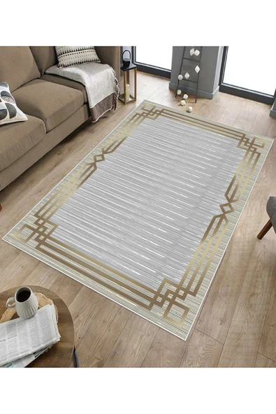 Makinede Yıkanabilir Leke Tutmaz  Gold Pvc Deri Kaymaz Taban Çerçeve Salon Saçaksız Halı B1265  100 x 200 GOLD - 5