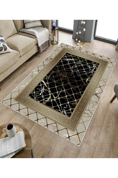 Makinede Yıkanabilir Leke Tutmaz  Vizon-Siyah Pvc Deri Kaymaz Taban Versace Salon Saçaksız Halı B1277  VİZON-SİYAH 120 x 180 - 5