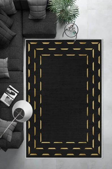 Makinede Yıkanabilir Leke Tutmaz  Siyah Dot Keçe Kaymaz Taban Modern Salon Saçaksız Halı B1258  SİYAH 100 x 200 - 3