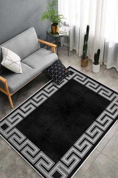 Makinede Yıkanabilir Leke Tutmaz  Siyah-Gümüş Pvc Deri Kaymaz Taban Versace Salon Saçaksız Halı B1240  VİZON-GOLD 80 x 150 - 4