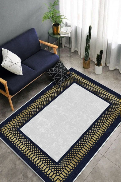 Makinede Yıkanabilir Leke Tutmaz  Gold-Lacivert Pvc Deri Kaymaz Taban Çerçeve Salon Saçaksız Halı B1227  GÜMÜŞ-LACİVERT 160 x 230 - 4