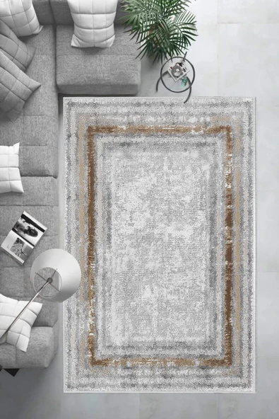 Makinede Yıkanabilir Leke Tutmaz  Gri-Kahve Pvc Deri Kaymaz Taban Eternity Salon Saçaksız Halı B1215  GRİ-TURUNCU 180 x 280 - 6