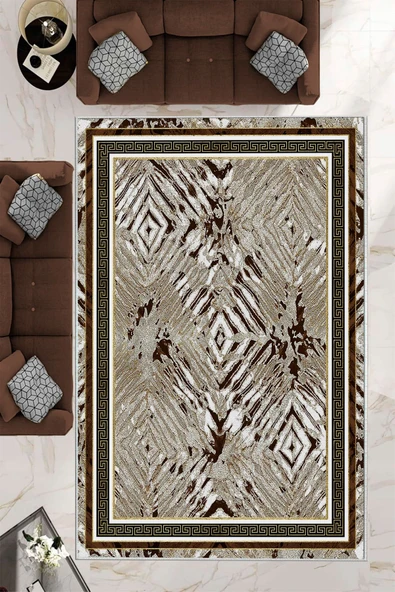 Makinede Yıkanabilir Leke Tutmaz  Kahverengi Dot Keçe Kaymaz Taban Versace Salon Saçaksız Halı B1209  KAHVERENGİ 180 x 280