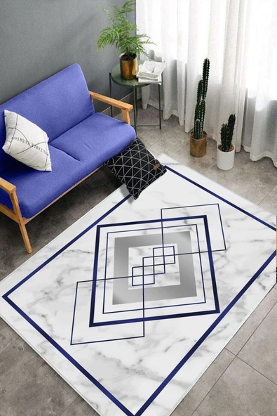 Makinede Yıkanabilir Leke Tutmaz  Lacivert Pvc Deri Kaymaz Taban Modern Salon Saçaksız Halı B1263  LACİVERT 180 x 280 - 4
