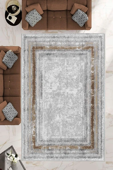 Makinede Yıkanabilir Leke Tutmaz  Gri-Kahve Pvc Deri Kaymaz Taban Eternity Salon Saçaksız Halı B1215  GRİ-TURUNCU 80 x 300