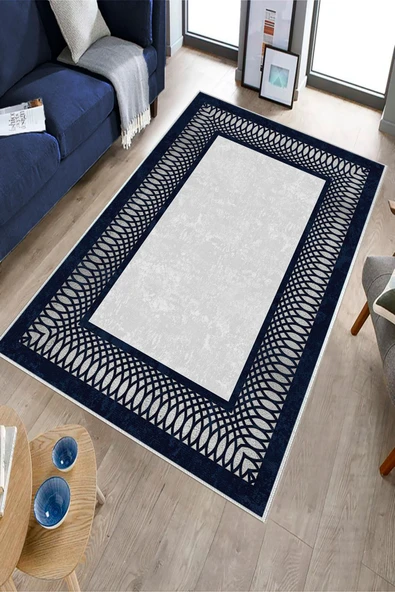 Makinede Yıkanabilir Leke Tutmaz  Gri-Lacivert Pvc Deri Kaymaz Taban Çerçeve Salon Saçaksız Halı B1226  GRİ-GOLD 180 x 280 - 2