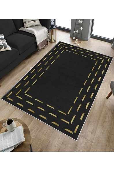 Makinede Yıkanabilir Leke Tutmaz  Siyah Dot Keçe Kaymaz Taban Modern Salon Saçaksız Halı B1258  SİYAH 100 x 200 - 5